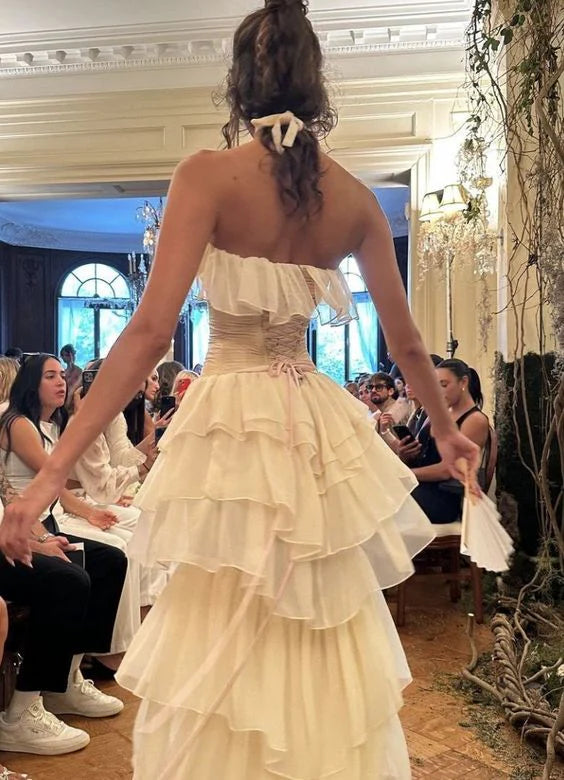 Weitese Dress Prom Dress Stores Ivory Strapless Chiffon Tiered Sheath Gorgeous Evening Dress Formal Dresses